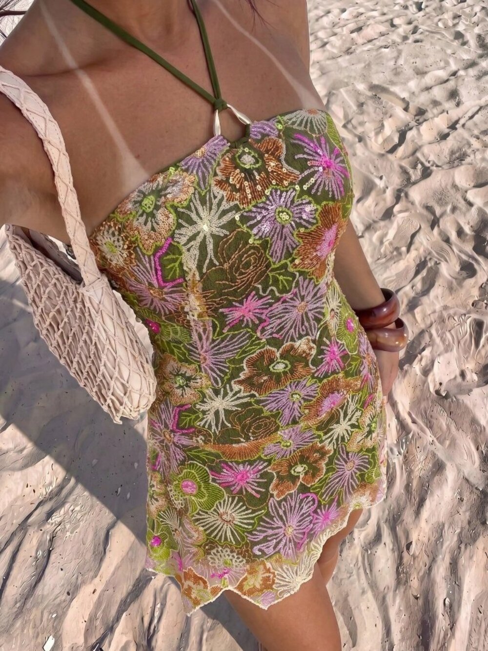 Green Casual Women's Halter Neck Asymmetrical Hem Sequin Mini Sundress - Picture 3 of 8
